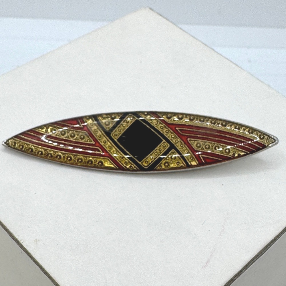 Vintage Art Deco Geometric Enamel Brooch Black Red Gold Marquise Pin Flapper